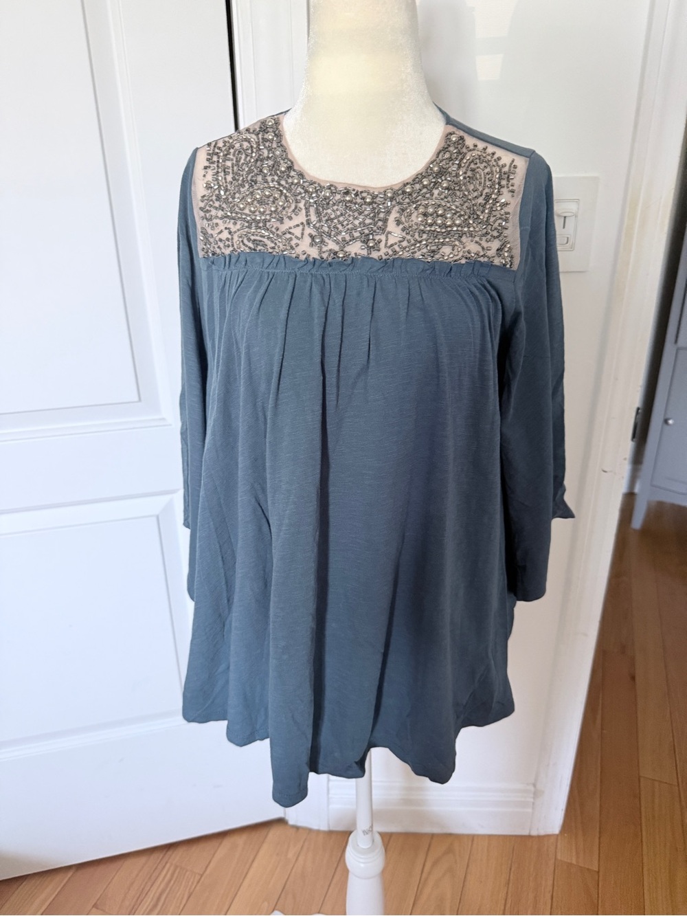 Deletta Slate Blue Embellished Neck Top